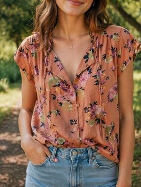 Buffalo David Bitton Boho Floral Peasant Top 100% Viscose Relaxed  Cottagecore